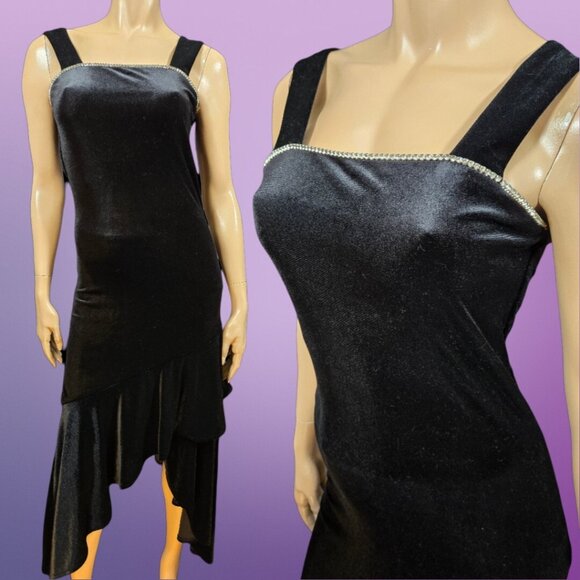 Vintage 90s Black Velvet Prom Cocktail Dress Size S Asymmetric Rhinestone Gothic - Picture 1 of 10